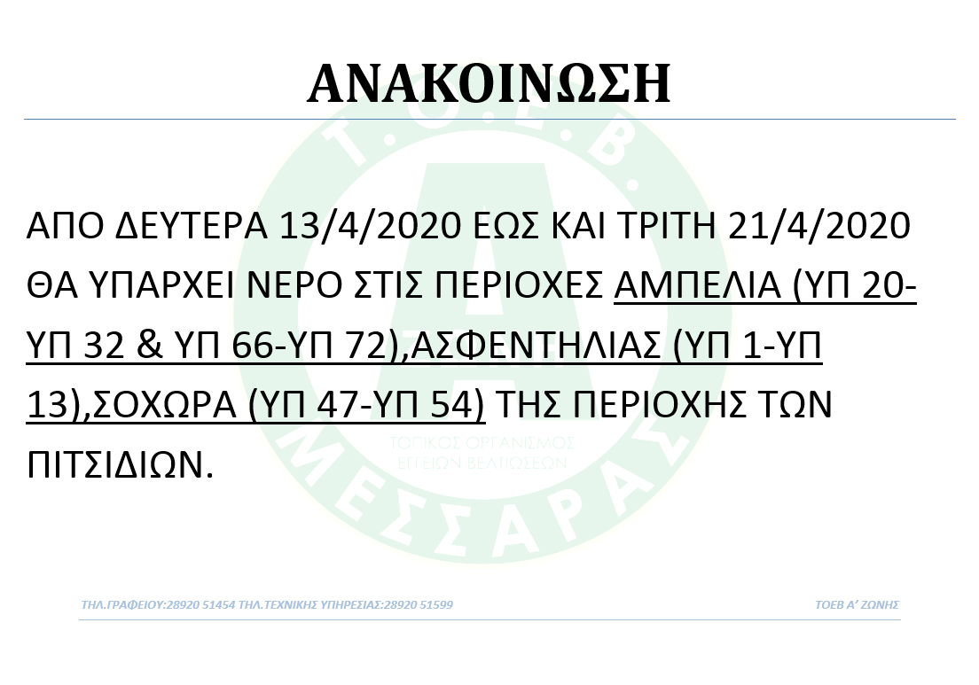 ΑΝΑΚΟΙΝΩΣΗ ΑΡΔΕΥΣΗΣ ΠΙΤΣΙΔΙΩΝ